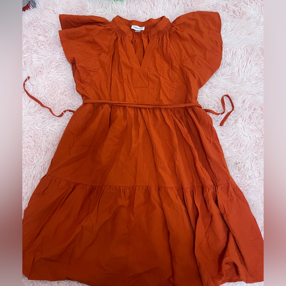 Calvin Klein Ruffle Orange/Brown short sleeve Dress.